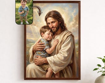 Custom Jesus Child Portrait Wall Art Printable, Personalized Christian Gift, Jesus Hugging Child Painting, Custom Photo Religious Art