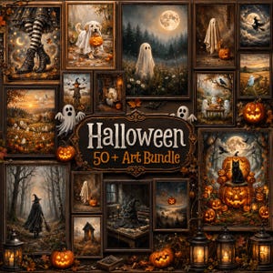 May include: A collection of framed Halloween-themed art prints featuring ghosts, pumpkins, a black cat, and a witch. The central plaque displays the text Halloween 50 + Art Bundle. The arrangement includes various dark, seasonal illustrations.
