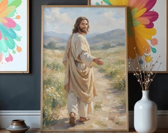 Follow Christ – Jesus Walking Path Wall Art | Christian Printable TV Frame Art | Digital Download