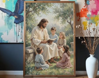 Jesus Teaching Children Printable Art, Christ with Kids Christian Wall Art