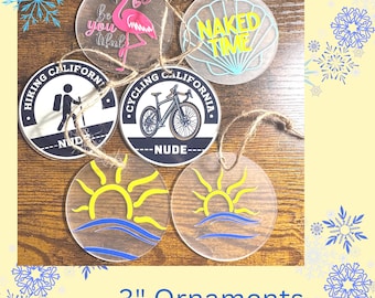 Ozdoba świąteczna w stylu nagości, 3" matowa, okrągła, akrylowa, winylowa naklejka, dekoracja świąteczna dla naturystów, prezent dla nudystów, uniwersalne logo dla naturystów