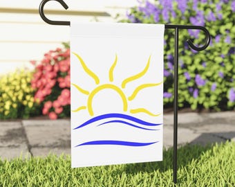 Uniwersalny symbol naturystyczny, baner ogrodowy, flaga dla nudystów na świeżym powietrzu, słońce i fala, wystrój ogrodu, naturyzm, pozytywne ciało, znak na patio dla nudystów