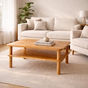 May include: A light brown, rectangular coffee table with a lower shelf. The table has rounded corners and cylindrical legs. A stack of books and a small, white vase sit on top. The table is in a living room setting with a white sofa and rug.