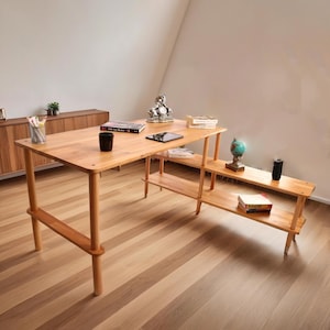 Wooden Computer Desk, Solid Wood Workstation, Home Office Desk with Bookshelf and Storage Space, Minimalist Work Table ,Working Desk