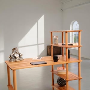 Wooden Computer Desk, Solid Wood Workstation, Home Office Desk with Bookshelf and Storage Space, Computer Table with Bookshelf and Storage