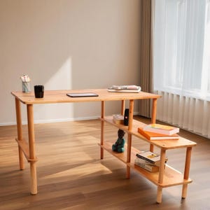 Solid Wood Desk, Home Office Computer Desk, Bookshelf Desk with Storage, Modern Minimalist Work Table, Mid Century Modern desk, Study Desk