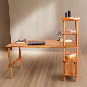 Solid Wood Desk, Home Office Computer Desk, Bookshelf Desk with Storage, Modern Minimalist Work Table, Mid Century Modern desk, Study Desk