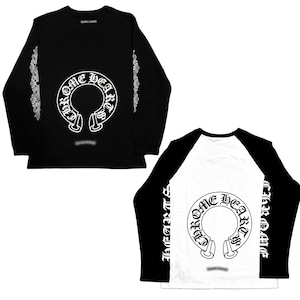 May include: Two long-sleeve shirts featuring the text Chrome Hearts in a circular horseshoe graphic on the chest and ornate floral patterns on the sleeves. One shirt is solid black, while the other is a raglan style with a white body and black sleeves.