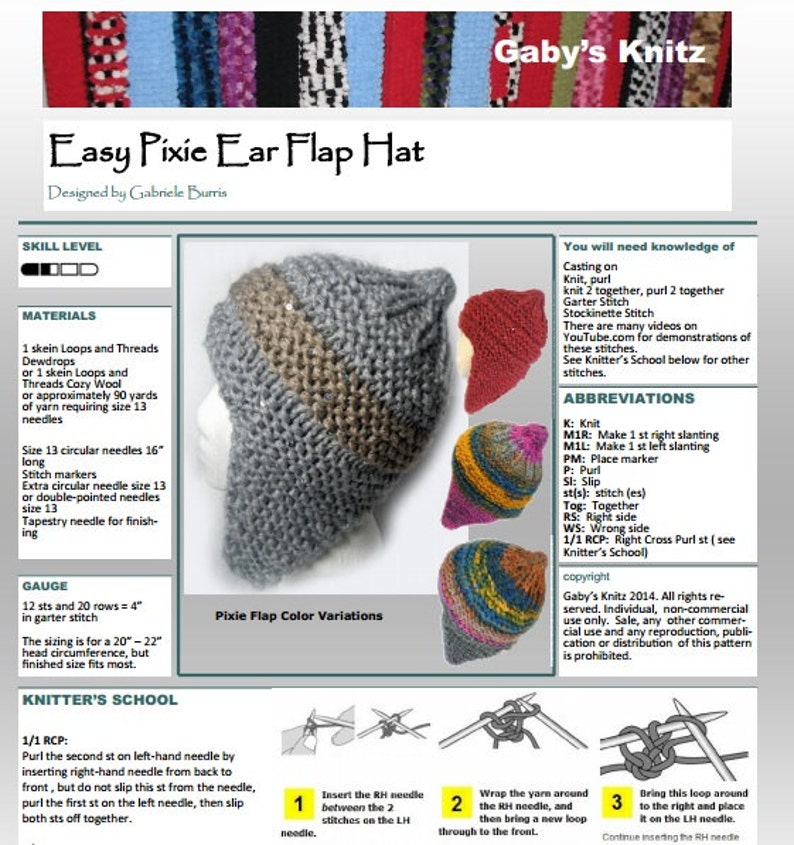 以下が含まれることがあります： 1/1 右クロスパー​​ルステッチの指示を含む、ピクシーイヤーフラップハットの編み物パターン。パターンには、ハットの色違いが含まれています。パターンは、Gaby's Knitz 2014の著作権で保護されています。