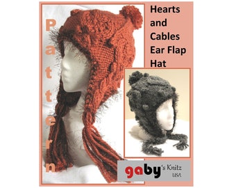 Hearts and Cables Ear Flap Hat Pattern