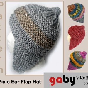 May include: A grey knitted hat with brown stripes and sequins. The hat has ear flaps and is styled as a pixie hat. The hat is shown on a white mannequin head. The image also shows three other hats in different colours and patterns.