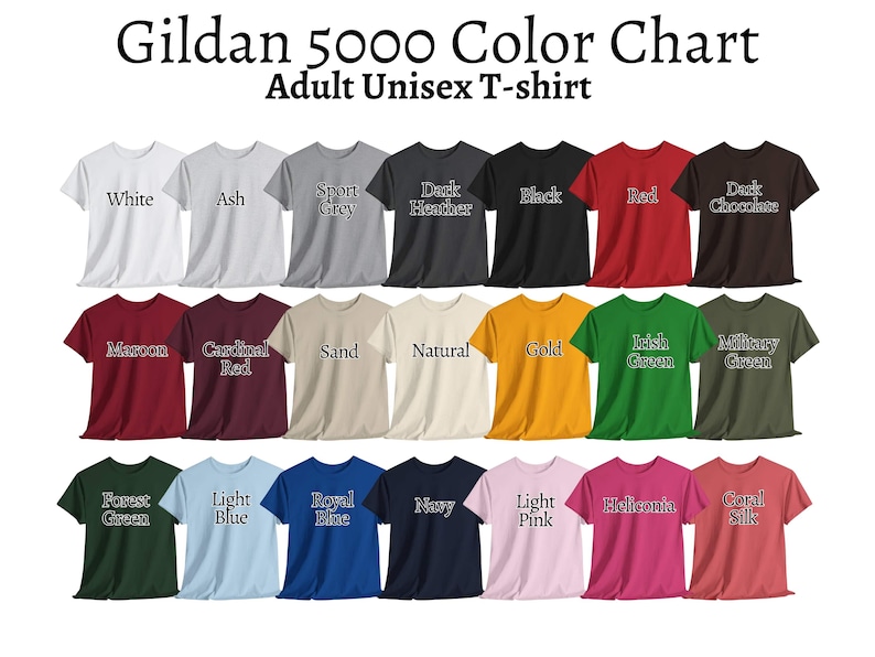 Puede incluir: Carta de colores de camisetas Gildan 5000 unisex para adultos en varios colores, incluyendo blanco, negro, rojo y verde. La carta muestra una gama de tonos, con los nombres de cada color impresos debajo de las camisetas.