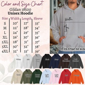 Puede incluir: Tabla de colores y tallas para una sudadera con capucha unisex Gildan 18500. La tabla muestra tallas de la S a la 4XL, con medidas de ancho de 50.8cm a 81.3cm, largo de 68.6cm a 83.8cm y largo de manga de 83.8cm a 99.1cm. Colores disponibles: blanco, ceniza, gris deportivo, negro, azul marino y otros.