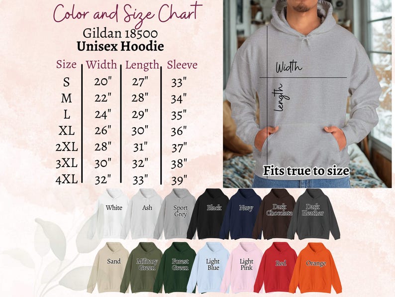 Puede incluir: Tabla de colores y tallas para una sudadera con capucha unisex Gildan 18500. La tabla muestra tallas de la S a la 4XL, con medidas de ancho de 50.8cm a 81.3cm, largo de 68.6cm a 83.8cm y largo de manga de 83.8cm a 99.1cm. Colores disponibles: blanco, ceniza, gris deportivo, negro, azul marino y otros.