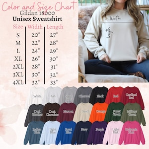 Puede incluir: Tabla de tallas y colores para sudaderas unisex Gildan 18000. La tabla enumera las tallas S a 4XL, con medidas de ancho de 50.8 cm a 81.3 cm y largos de 68.6 cm a 83.8 cm. Se muestran varios colores de sudaderas, incluyendo blanco, gris ceniza, gris deportivo y negro.