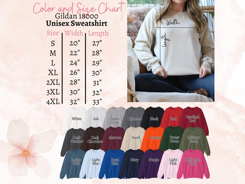 Puede incluir: Tabla de tallas y colores para sudaderas unisex Gildan 18000. La tabla enumera las tallas S a 4XL, con medidas de ancho de 50.8 cm a 81.3 cm y largos de 68.6 cm a 83.8 cm. Se muestran varios colores de sudaderas, incluyendo blanco, gris ceniza, gris deportivo y negro.