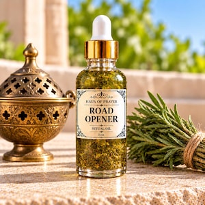 May include: A clear glass dropper bottle filled with green herbal oil, featuring a white label that reads HAUS OF PRAYER ROAD OPENER RITUAL OIL 1 oz. The bottle has a gold collar and a white dropper top, standing upright.