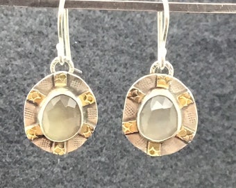 Moonstone earrings, gray earrings, Daily wear earrings, silver and gold earrings