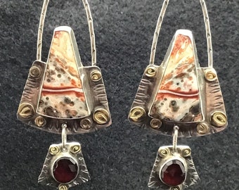 Red and black earrings, leopard skin agate earrings, garnet earrings
