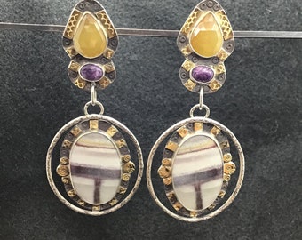 Yellow and purple earrings, sapphire earrings, jasper earrings, hoop earrings