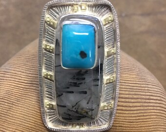 Rutilated quartz ring, chrysocolla ring, Black and white ring, blue ring, one of a kind ring, silver and gold ring