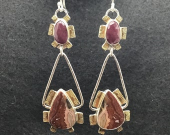 Sapphire and agate earings, dangle earrings, silver and gold earrings
