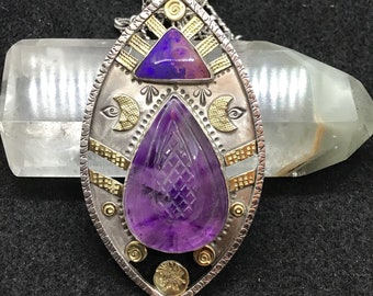 Opal and amethyst pendant, purple pendant, silver and gold pendant