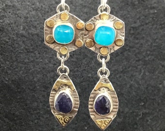 Blue earrings, gemstone earrings, silver and gold earrings