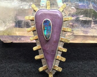 Purple heart pendant, opal pendant, heart jewelry