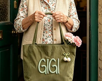 Bolso tote Gigi personalizado, regalo personalizado para el Día de la Madre para mamá, abuela, bolso Mama Gigi Nana, bolso tote de pana bordado personalizado