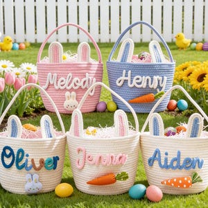 Gepersonaliseerde paasmand 2026, geborduurde tas met naam eieren zoeken, herbruikbare opbergmand voor kinderen, paaseieren zoeken cadeau voor kinderen, mand konijnentouw