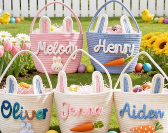 パーソナライズされたイースターバスケット2026、刺繍入り名前入りエッグハントバッグ、再利用可能な子供用収納バスケット、子供用イースターエッグハントギフト、バニーロープバスケット