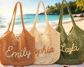 名入れかぎ針編みビーチバッグ、カスタムネーム入りビーチバッグ、花嫁へのバチェロレッテギフト、結婚式の引き出物ギフト、バチェロレッテ旅行ギフト、女子旅ギフト