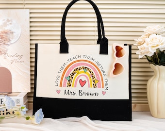 Custom Teacher Tote Bag,Teacher Appreciation Gift,Personalized Teacher Gift Bag,Rainbow Teacher Canvas Tote Bag,Back to School Tote Bag