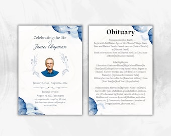 Blue Floral Funeral Program Template: Editable Memorial Announcement (Digital Download)