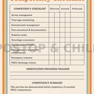May include: A PACU Skills & Competency Checklist document with a retro-style border. It features a table for tracking airway management, vital signs, and other clinical tasks, plus an orientation progress tracker and a competency summary section.