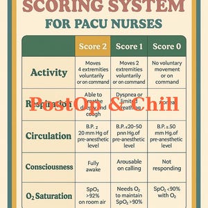 Op de afbeelding: Een vintage poster met de titel "ALDRETE SCORING SYSTEM FOR PACU NURSES". De tabel toont een scoresysteem voor activiteit, ademhaling, circulatie, bewustzijn en O2-saturatie, met scores 2, 1 en 0. De tekst "PostOp&Chill" staat onderaan.