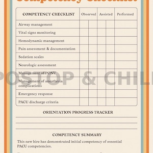 Könnte beinhalten: Eine Checkliste im Retro-Stil mit dem Titel "PACU Skills & Competency Checklist" mit cremefarbenem Hintergrund und orangefarbenen, blauen und braunen Akzenten. Die Checkliste enthält Abschnitte für das Atemwegsmanagement und andere medizinische Kompetenzen.