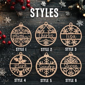 May include: Wooden Christmas ornaments with names, including Matthew, Charles, Lisa, Mark, Sandra, and Steven. Each ornament is a unique design, with snowflake, tree, and other festive patterns. The word "STYLES" is at the top.