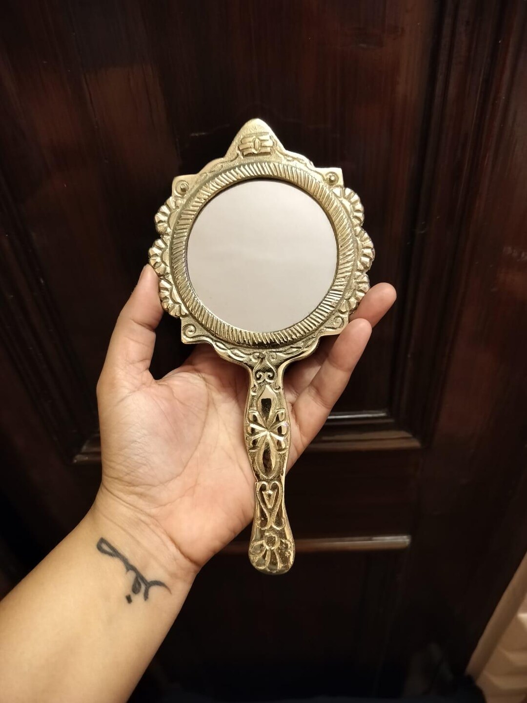 Antique Brass Hand Mirror, Ornate Indian Vanity Makeup Mirror