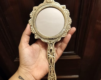 Vintage Ornate Brass Hand Mirror | Handcrafted Decorative Victorian Style Makeup & Pooja Accessory