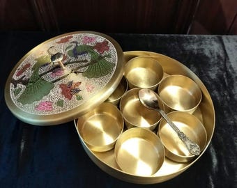 Handmade Brass Spice Box with Peacock Lid | Masala Dabba Kitchen Organizer