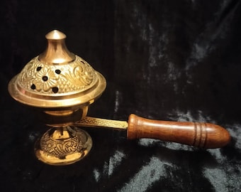 Handcrafted Brass Bakhoor Burner | Wooden Handle, Arabic Incense