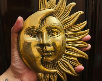 Handmade Brass Sun and Moon Wall Hanging: Boho Celestial Decor
