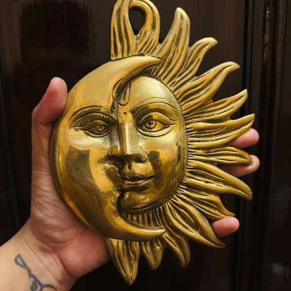 Handmade Brass Sun and Moon Wall Hanging: Boho Celestial Decor
