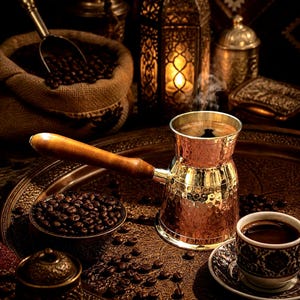 Peut inclure: Une cafetière en cuivre avec une poignée en bois est posée sur un plateau décoratif, à côté d'une tasse de café et d'un petit bol de grains de café. Un sac de jute de grains de café et une lanterne allumée sont en arrière-plan.
