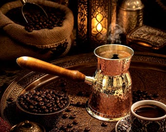 Hammered Brass Turkish Coffee Cezve | Engraved Arabic Greek Coffee Pot Wooden Handle