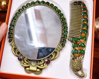 Peacock Hand Mirror and Comb Set – Vintage Style Brass Vanity Mirror