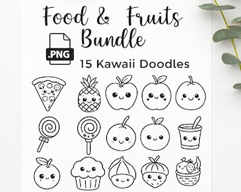 Puede incluir: Un paquete PNG en blanco y negro titulado "Food & Fruits Bundle" con 15 garabatos kawaii. Los garabatos incluyen pizza, piña, manzanas, piruletas, magdalenas, champiñones, tomates, sandía, fresas y una taza de bebida.