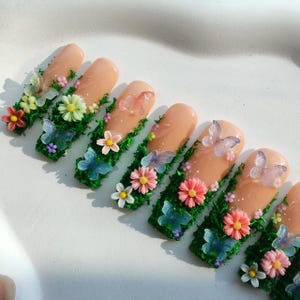 3D Floral Press On Nails: Green Plant Luxury Acrylic Nails image 5